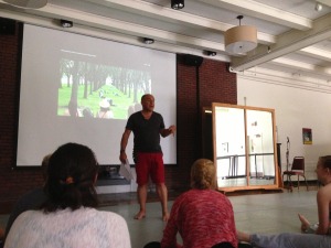 Stephen Koplowitz leads his class on site-specific dance making in Chase Hall. 