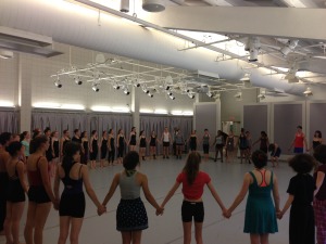 All our young dancer's gathered around for a pre-show warm-up.