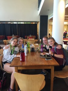 Jill enjoys lunch with her friends in Bates Colleges' Dining Commons 